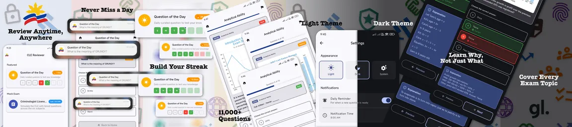 Screens from the CLE Reviewer app