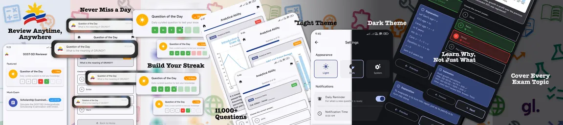 Screens from the DOST-SEI Reviewer app